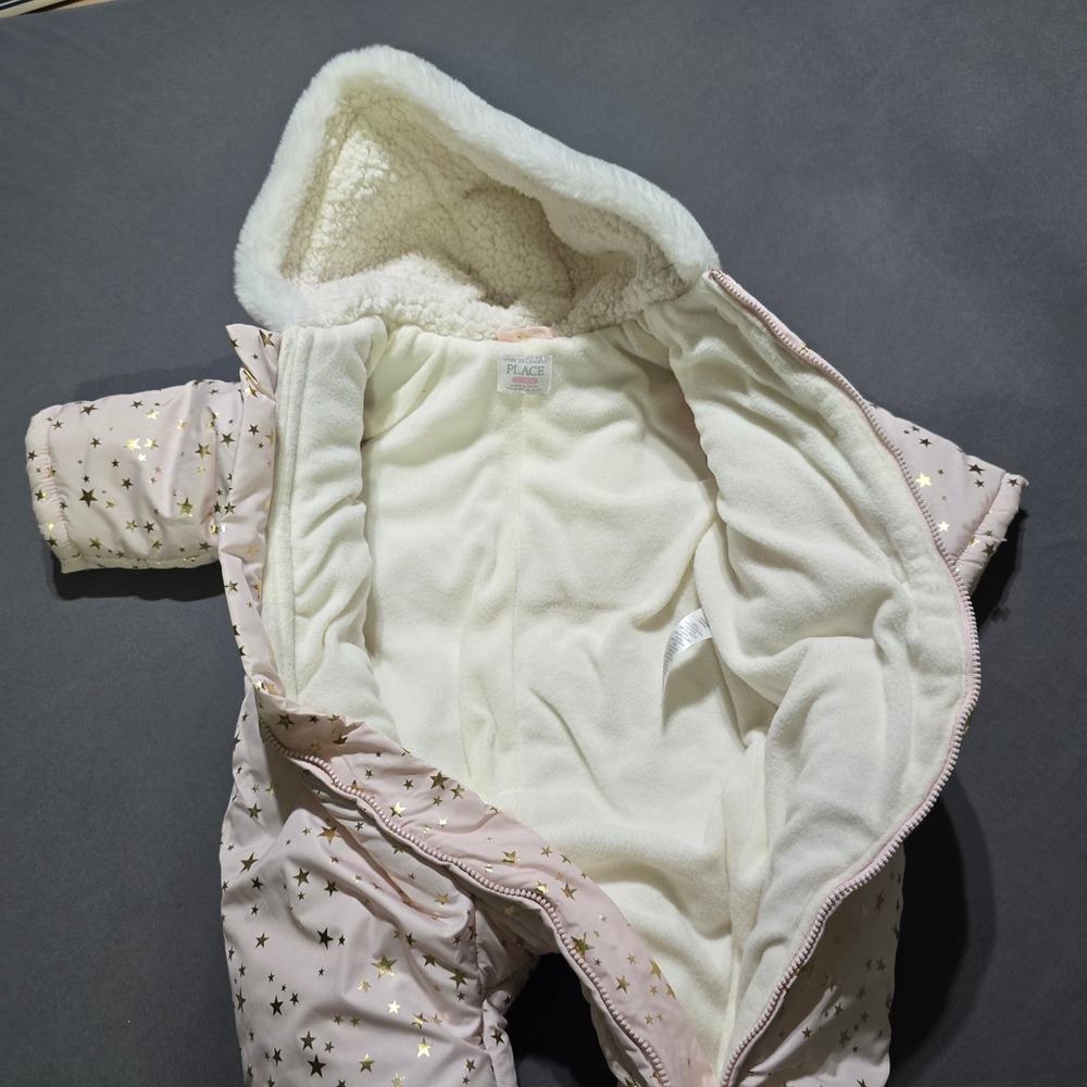 The Childrens Place Pram Suit‎ Baby 6-9M Pink Gold Star Hooded Fleece - Picture 2 of 7